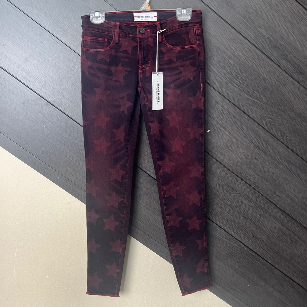 Etienne Marcel Women's Star Print Skinny Jeans Red Black Size 26 NWT ALT Edgy